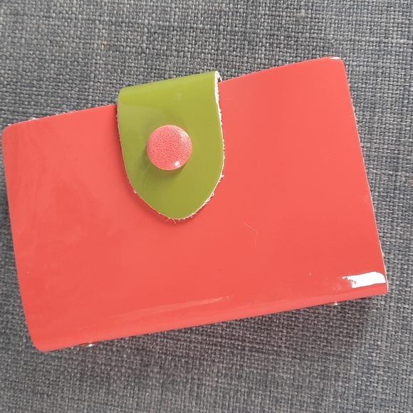 Pink Green Patent Leather Business Credit Photo Card Cards Wallet ***As Is Flaw - Picture 1 of 7
